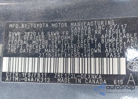 2017 Toyota Corolla Le z USA, uszkodzony, nr VIN 2T1BURHEXHC951485